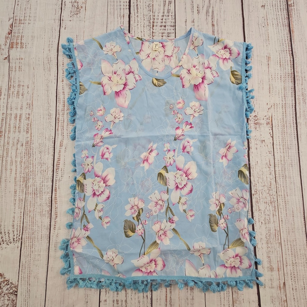 Yincro Blue Floral Fringe Embellished Swim Coverup Women's XS